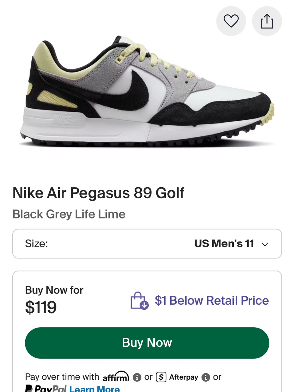 Nike Air Pegasus 89 Golf — Black, Gray & Light Lime